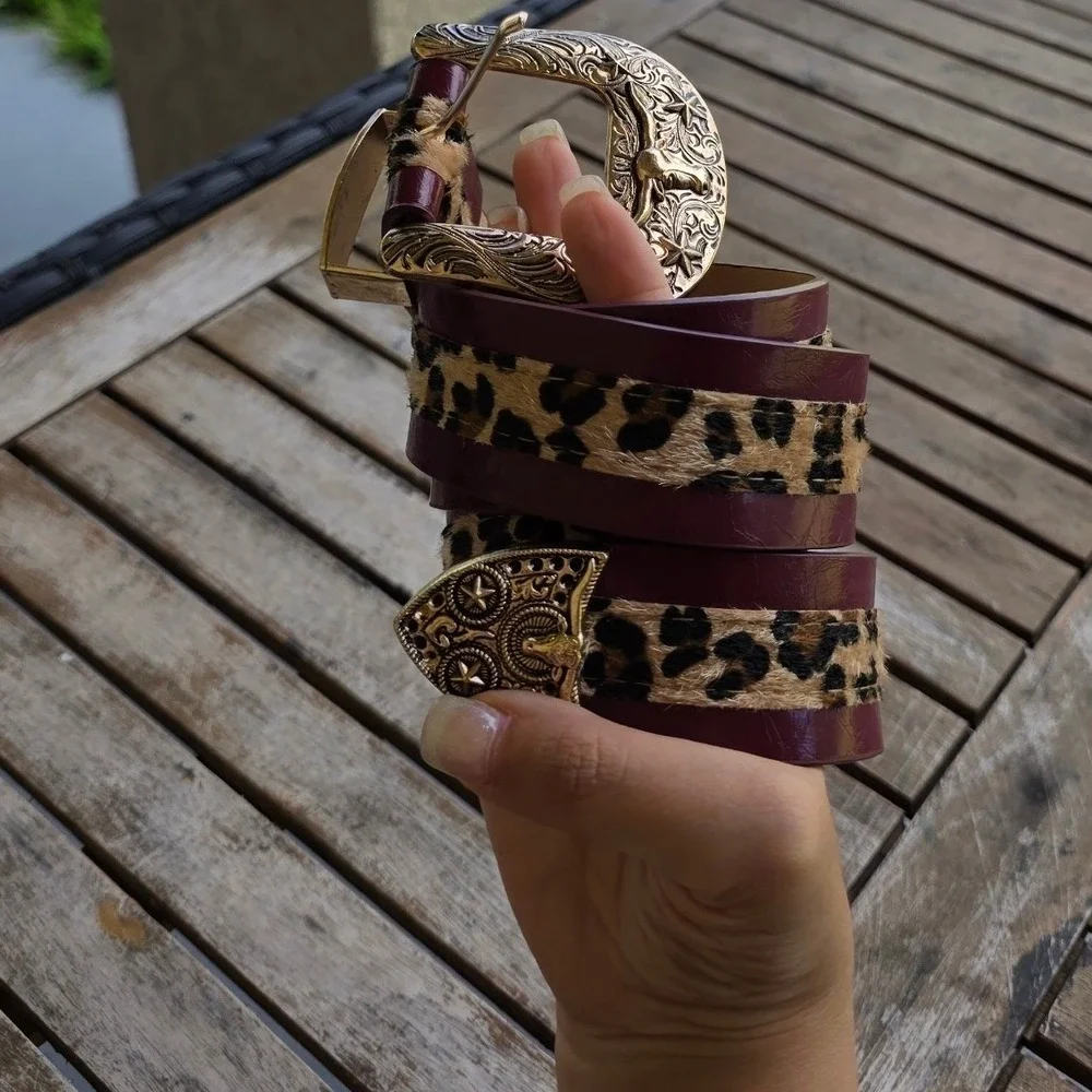 Western Burgundy Leopard Print Calf Hair Belt Gold Engraved Longhorn Buckle Wide